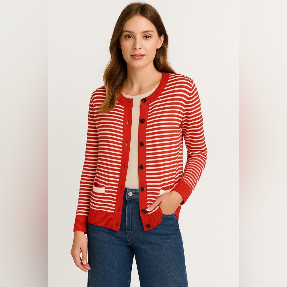Talbots Preppy Coral Big Button Stripe Cardigan Cotton Blend Sz S/M EUC